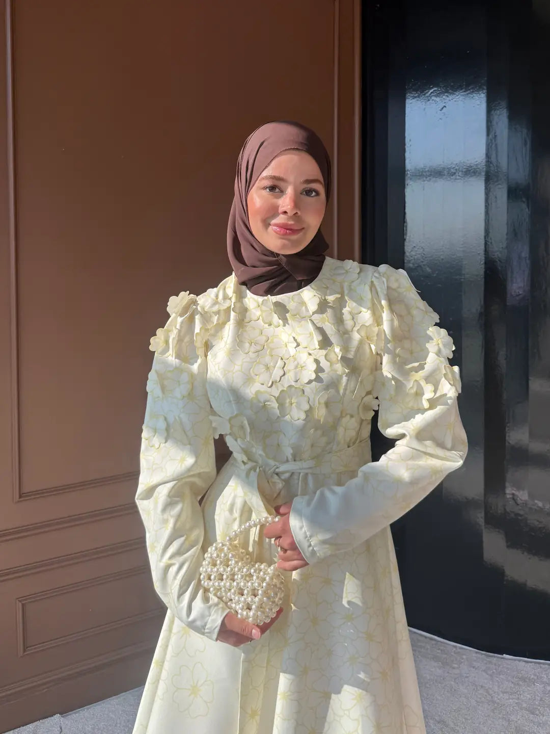 A-Line Maxi Dress with Puffed Sleeves and 3D Floral Appliques — Sarı