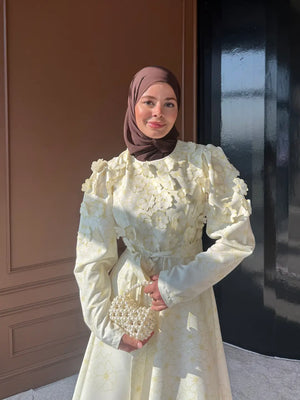 A-Line Maxi Dress with Puffed Sleeves and 3D Floral Appliques — Sarı