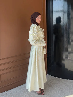A-Line Maxi Dress with Puffed Sleeves and 3D Floral Appliques — Sarı