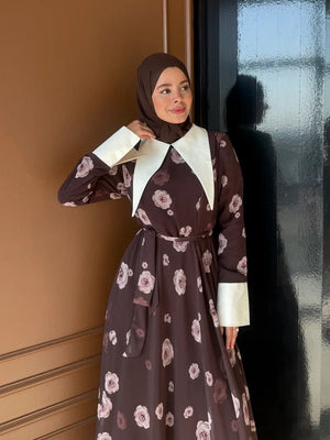 Long Sleeve Floral Maxi Dress with Contrast Collar & Tie Belt — Kahverengi