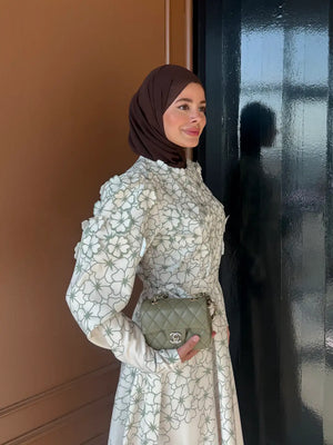 A-Line Maxi Dress with Puffed Sleeves and 3D Floral Appliques — Çağla Yeşili