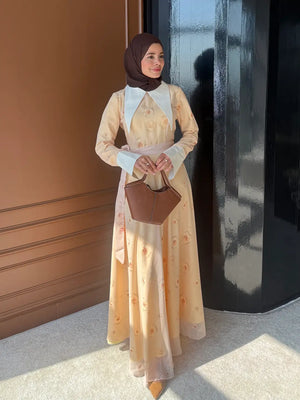 Long Sleeve Floral Maxi Dress with Contrast Collar & Tie Belt — Sarı