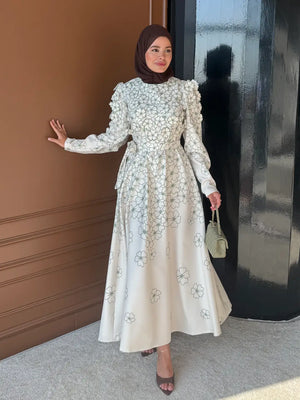 A-Line Maxi Dress with Puffed Sleeves and 3D Floral Appliques — Çağla Yeşili