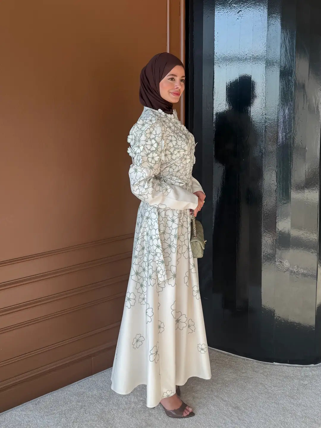 A-Line Maxi Dress with Puffed Sleeves and 3D Floral Appliques — Çağla Yeşili
