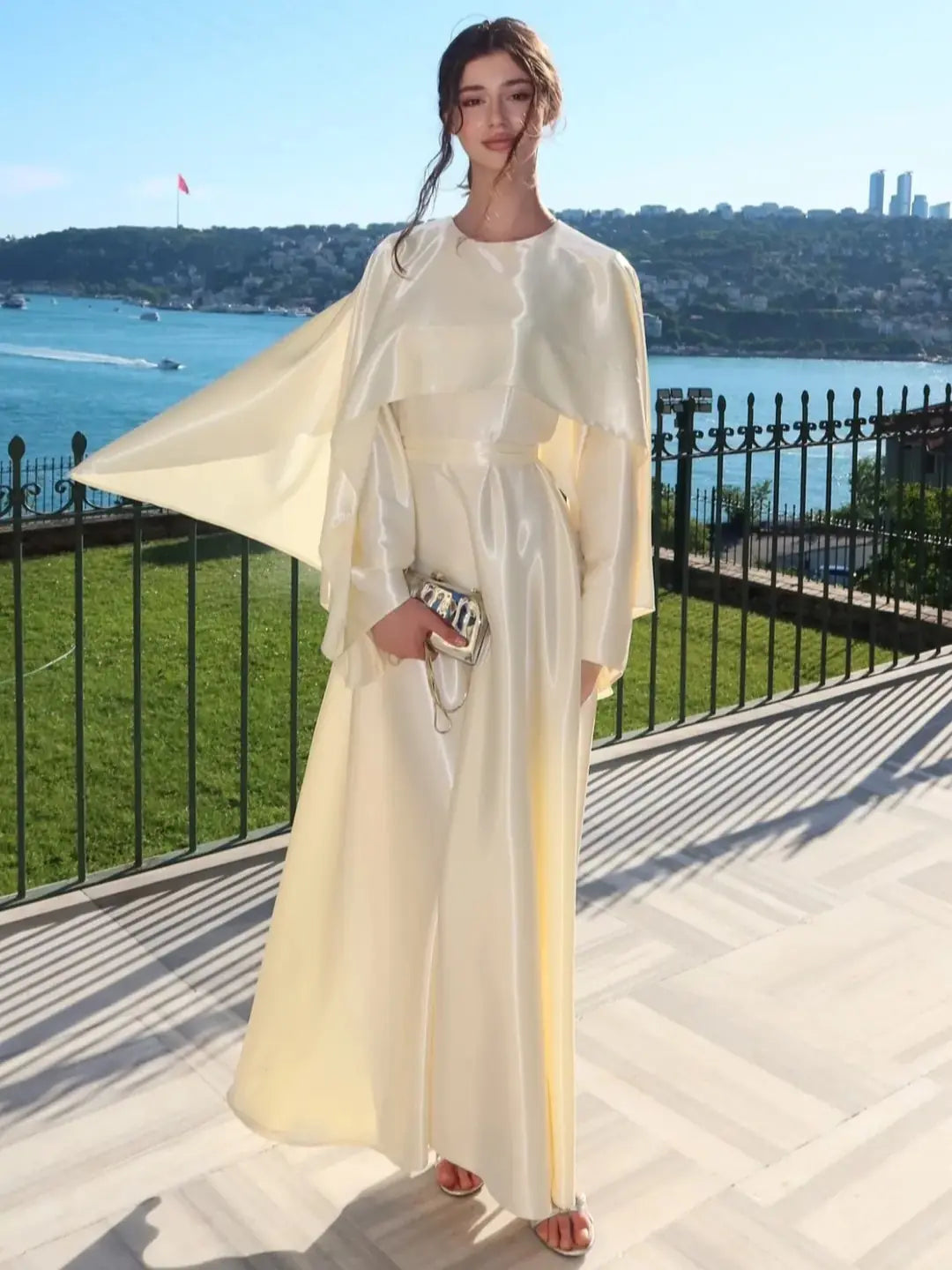 Flowing Maxi Dress with Cape Overlay — Bej