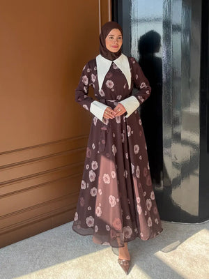 Long Sleeve Floral Maxi Dress with Contrast Collar & Tie Belt — Kahverengi