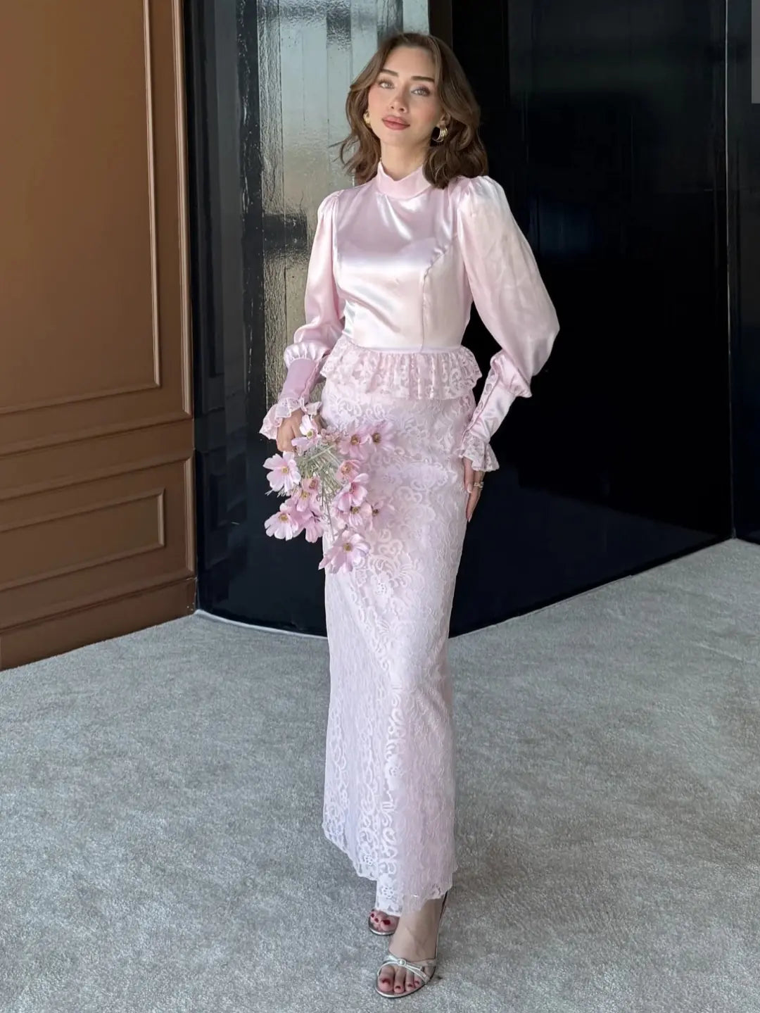 Long Sleeve Lace Maxi Evening Dress with Peplum — Toz Pembe