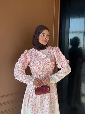 A-Line Maxi Dress with Puffed Sleeves and 3D Floral Appliques — Pembe