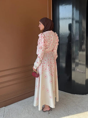 A-Line Maxi Dress with Puffed Sleeves and 3D Floral Appliques — Pembe