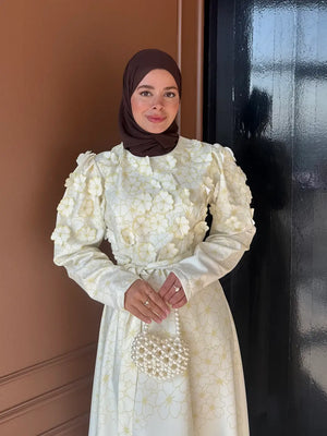 A-Line Maxi Dress with Puffed Sleeves and 3D Floral Appliques — Sarı