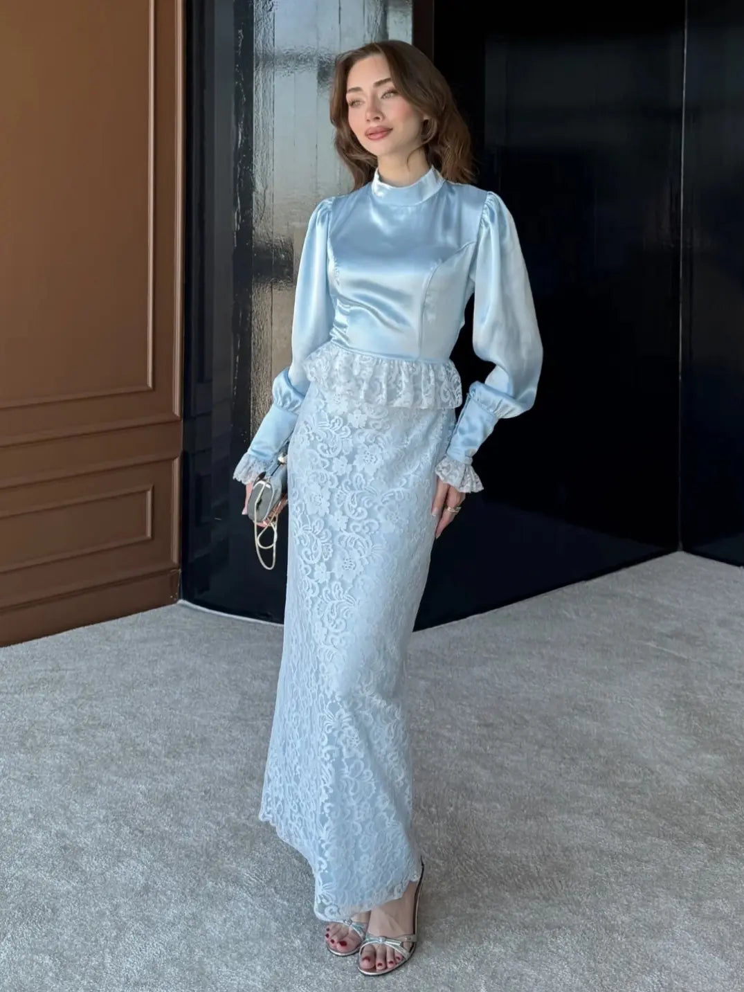 Long Sleeve Lace Maxi Evening Dress with Peplum — Bebe Mavisi