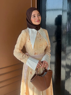 Long Sleeve Floral Maxi Dress with Contrast Collar & Tie Belt — Sarı