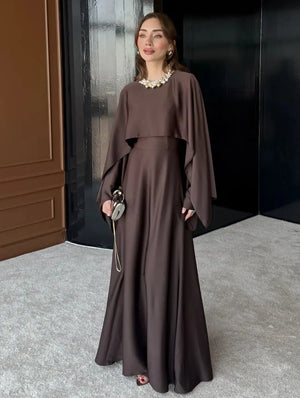 Flowing Maxi Dress with Cape Overlay — Bej