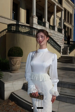 Long Sleeve Lace Maxi Evening Dress with Peplum — Beyaz