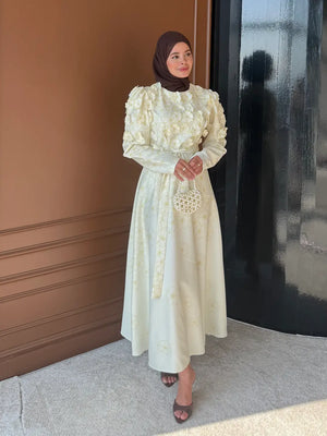 A-Line Maxi Dress with Puffed Sleeves and 3D Floral Appliques — Sarı