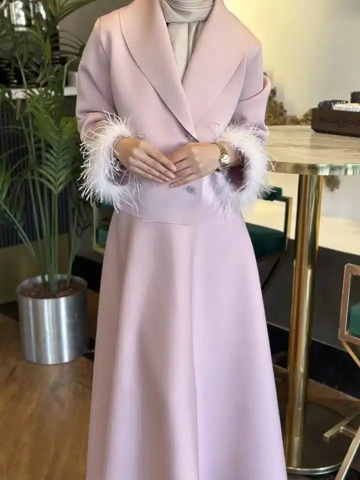 Scuba Puff Skirt & Blazer Set – Elegant Feather Detail (SK019)