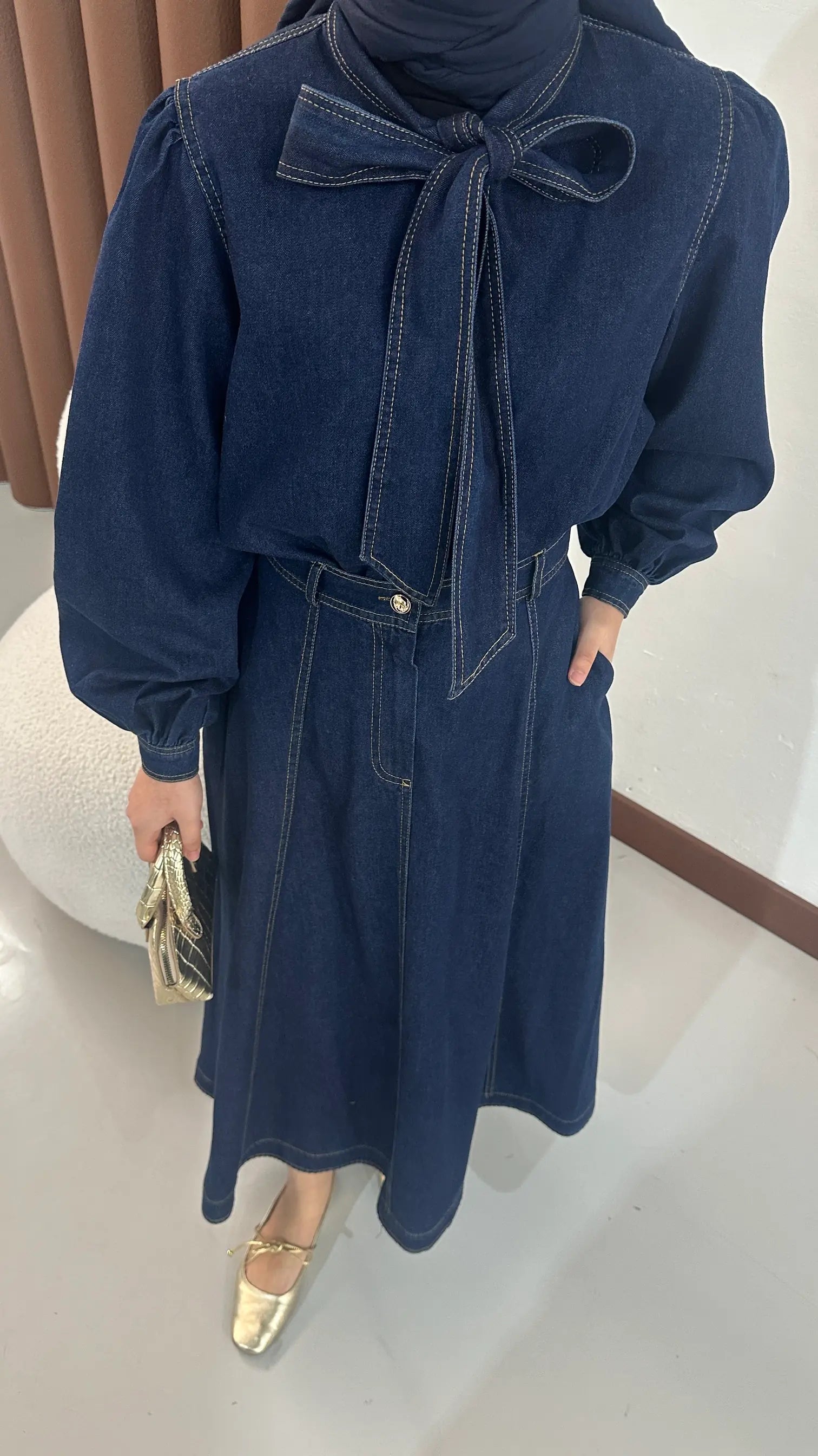 Denim Bow-Detail Skirt Set