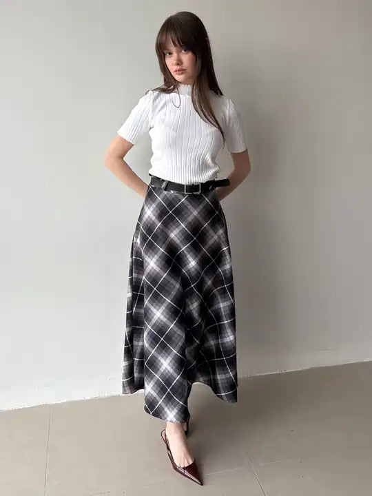 Plaid Belted Flared Skirt