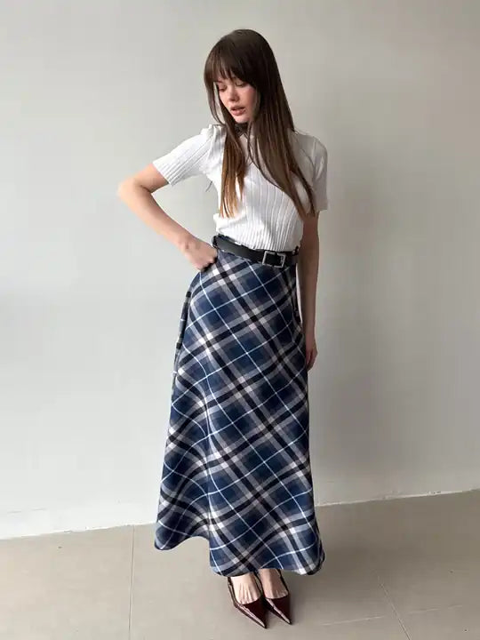 Plaid Belted Flared Skirt