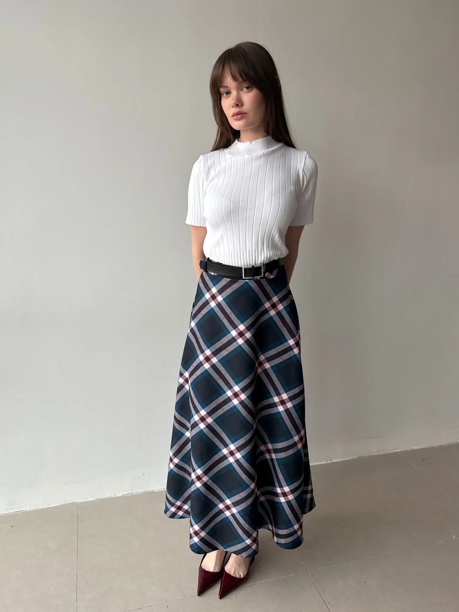 Plaid Belted Flared Skirt
