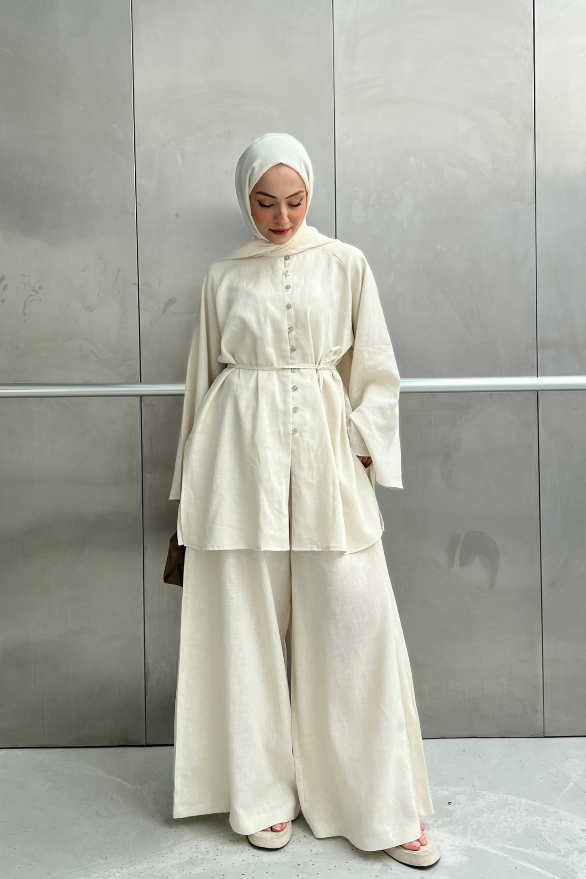 Relaxed Linen Blend Tunic & Wide-Leg Trouser Set — Bej