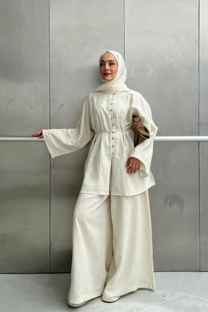Relaxed Linen Blend Tunic & Wide-Leg Trouser Set — Bej
