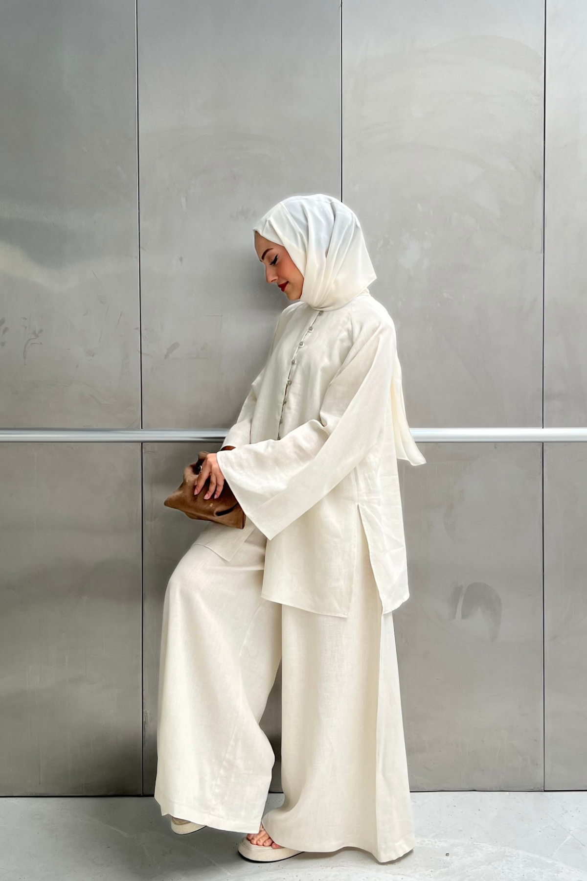 Relaxed Linen Blend Tunic & Wide-Leg Trouser Set — Bej