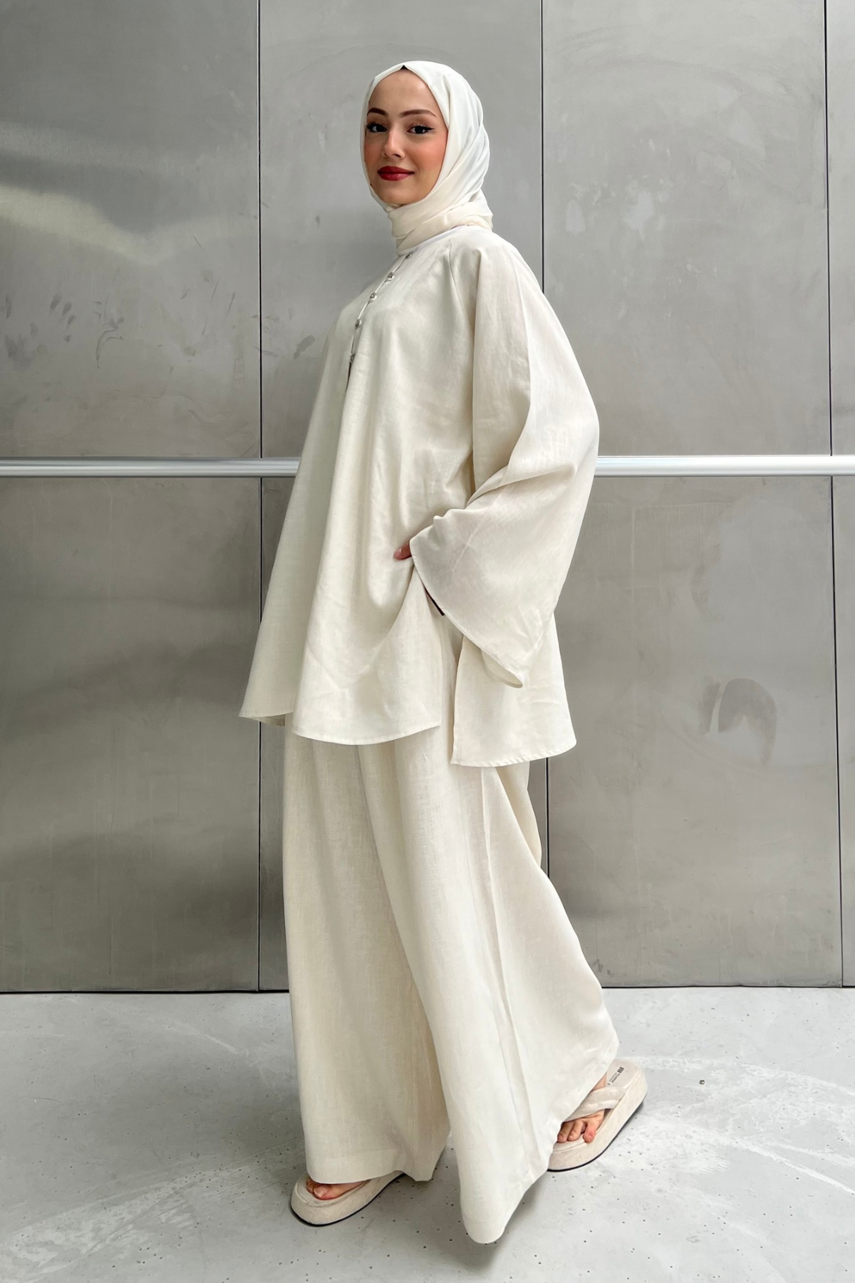 Relaxed Linen Blend Tunic & Wide-Leg Trouser Set — Bej