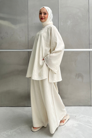 Relaxed Linen Blend Tunic & Wide-Leg Trouser Set — Bej