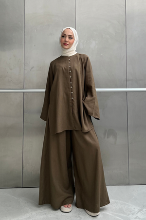 Relaxed Linen Blend Tunic & Wide-Leg Trouser Set — Yesil
