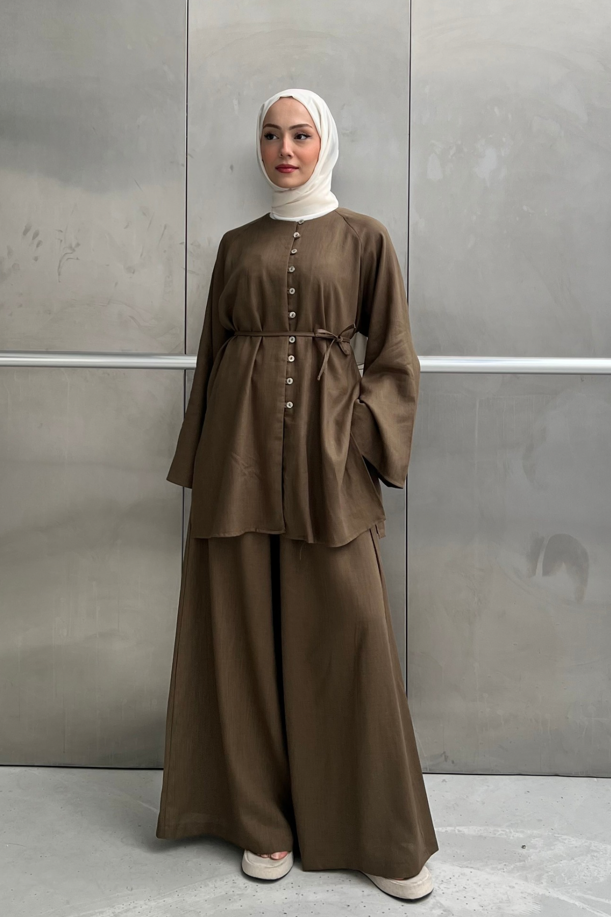 Relaxed Linen Blend Tunic & Wide-Leg Trouser Set — Yesil