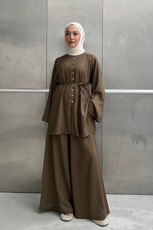 Relaxed Linen Blend Tunic & Wide-Leg Trouser Set — Yesil