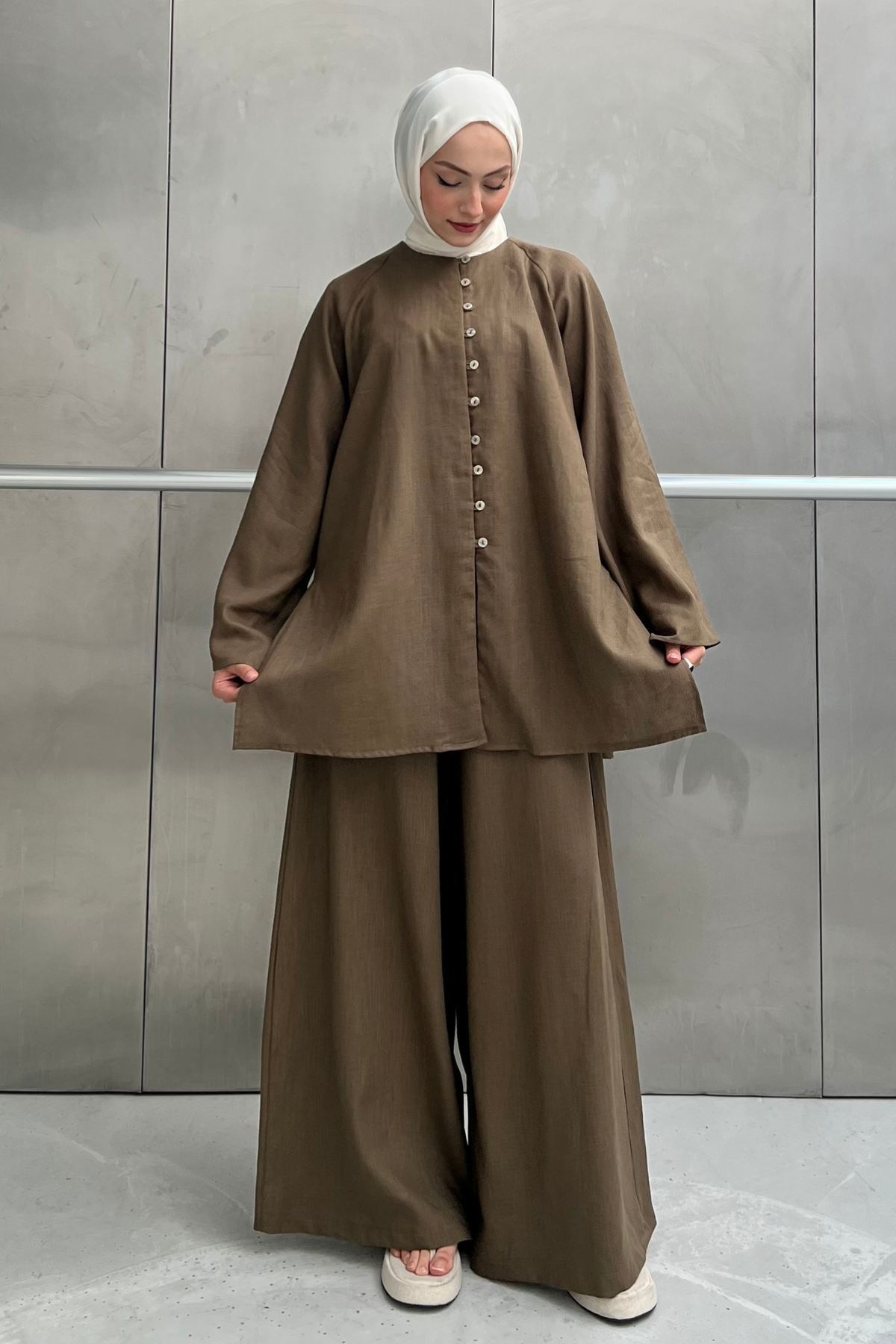 Relaxed Linen Blend Tunic & Wide-Leg Trouser Set — Yesil