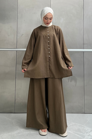 Relaxed Linen Blend Tunic & Wide-Leg Trouser Set — Yesil