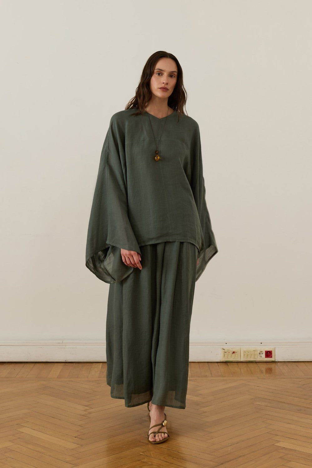 Linen Two-Piece Set with Draped Top and Skirt