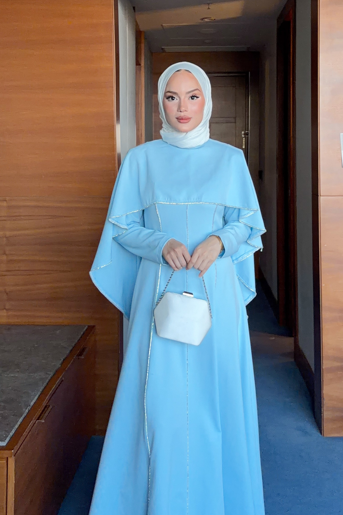 Modest Maxi Crepe Dress with Detachable Cape & Stone Details — Bebe Mavi