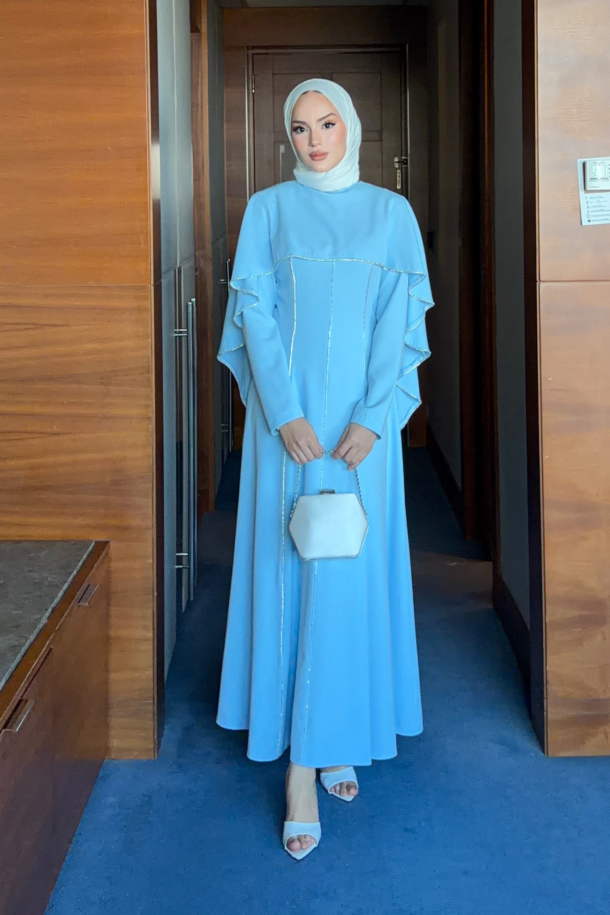 Modest Maxi Crepe Dress with Detachable Cape & Stone Details — Bebe Mavi