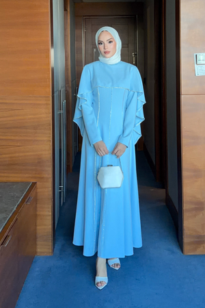 Modest Maxi Crepe Dress with Detachable Cape & Stone Details — Bebe Mavi