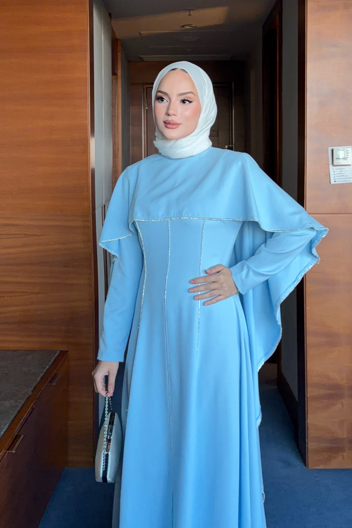 Modest Maxi Crepe Dress with Detachable Cape & Stone Details — Bebe Mavi