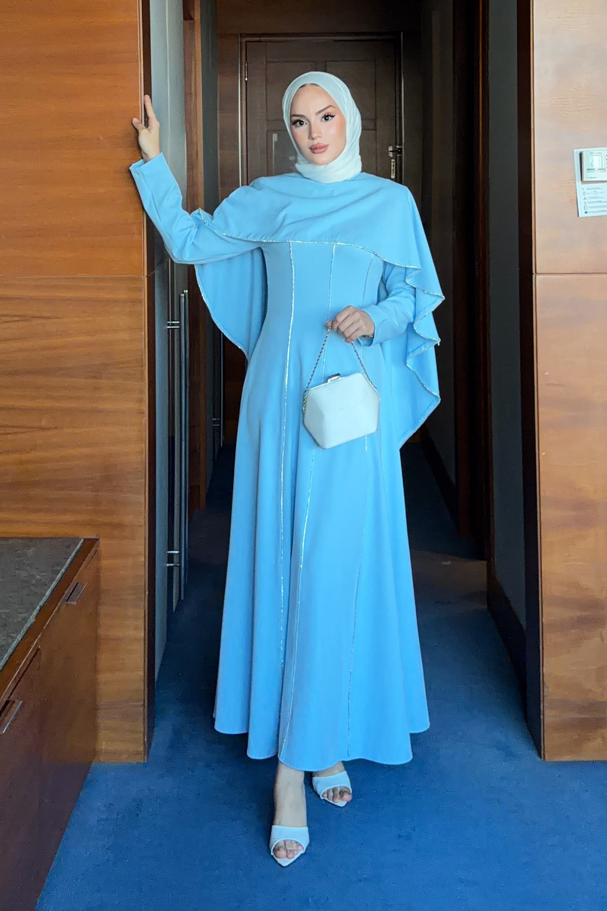 Modest Maxi Crepe Dress with Detachable Cape & Stone Details — Bebe Mavi