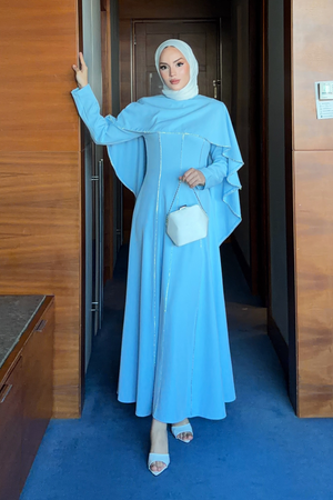 Modest Maxi Crepe Dress with Detachable Cape & Stone Details — Bebe Mavi