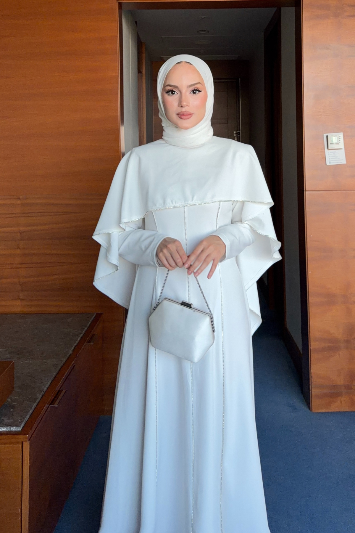 Modest Maxi Crepe Dress with Detachable Cape & Stone Details — Beyaz