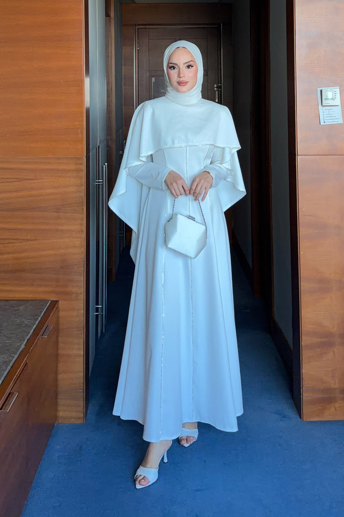 Modest Maxi Crepe Dress with Detachable Cape & Stone Details — Beyaz