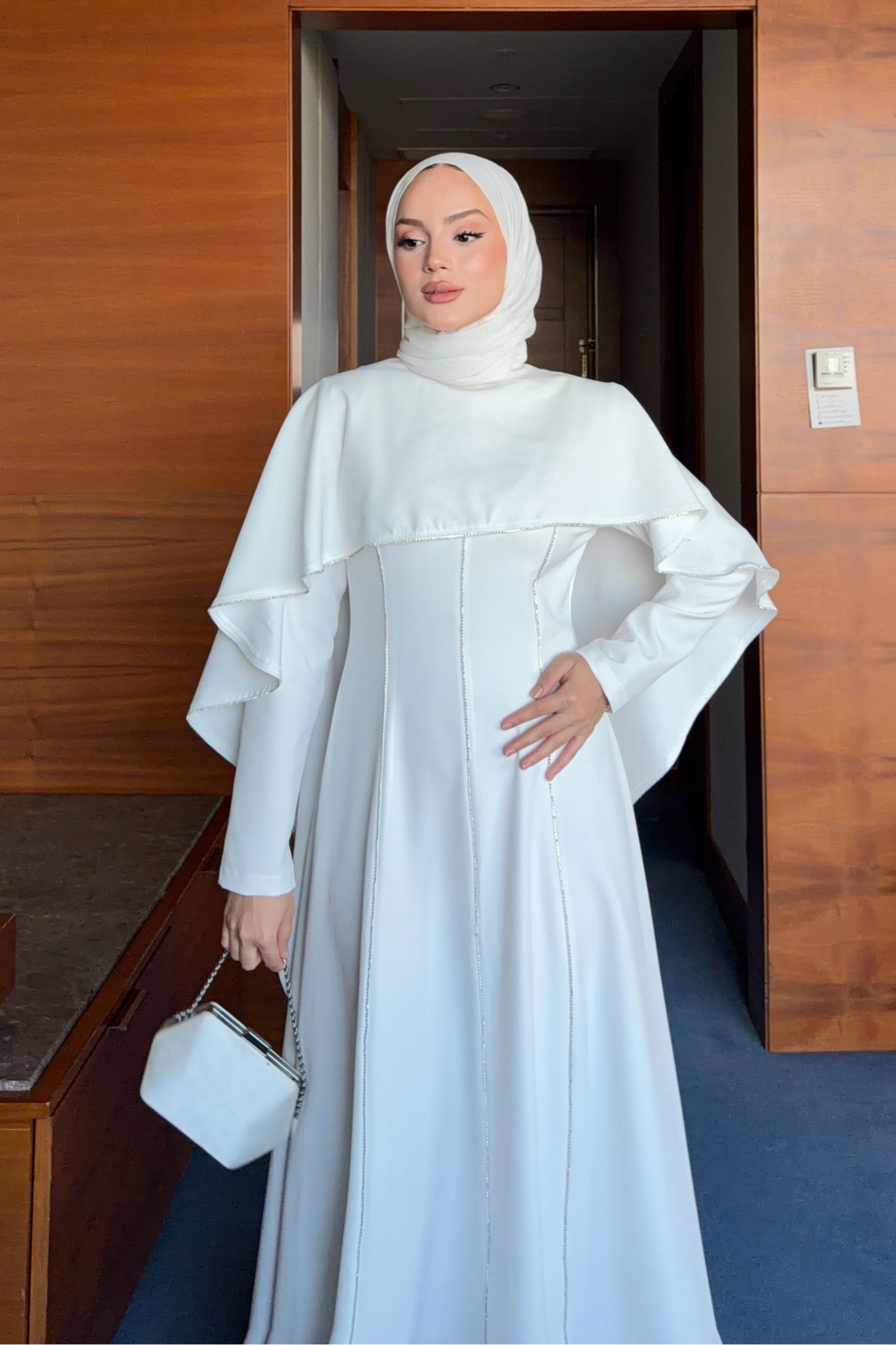 Modest Maxi Crepe Dress with Detachable Cape & Stone Details — Beyaz
