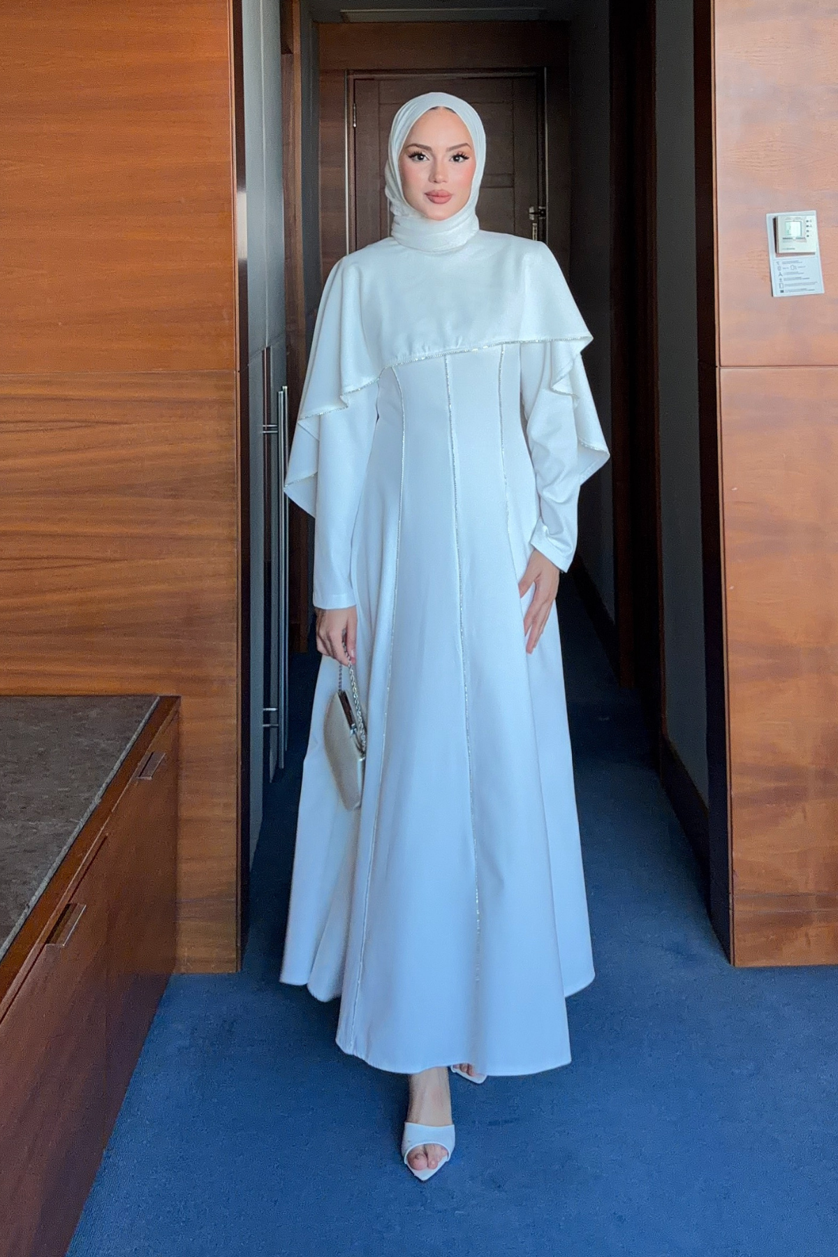 Modest Maxi Crepe Dress with Detachable Cape & Stone Details — Beyaz