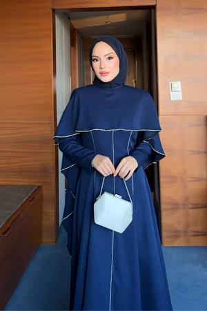 Modest Maxi Crepe Dress with Detachable Cape & Stone Details — Lacivert