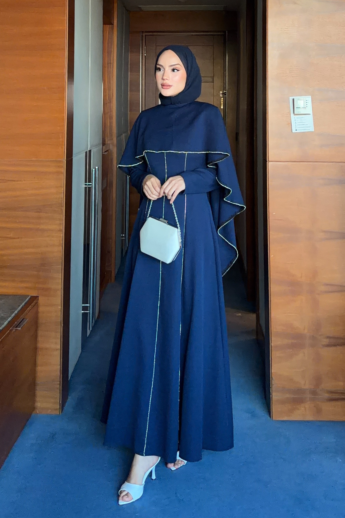 Modest Maxi Crepe Dress with Detachable Cape & Stone Details — Lacivert