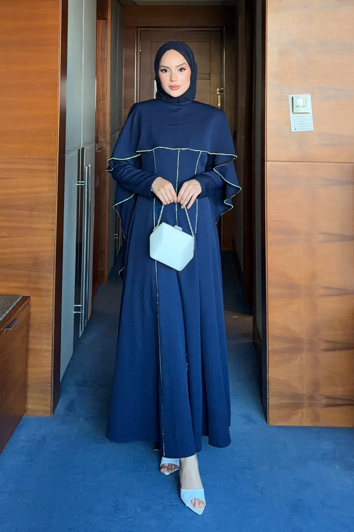 Modest Maxi Crepe Dress with Detachable Cape & Stone Details — Lacivert