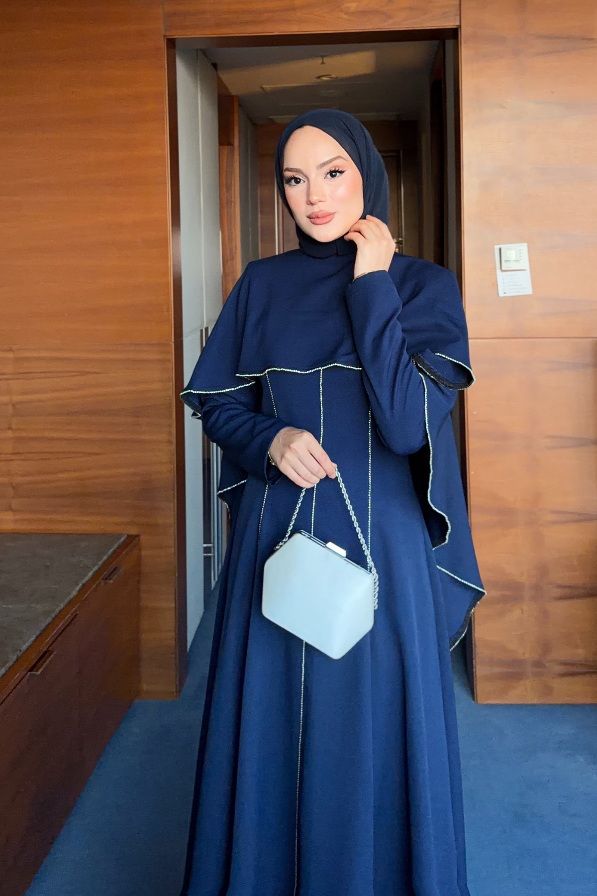 Modest Maxi Crepe Dress with Detachable Cape & Stone Details — Lacivert