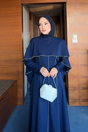 Modest Maxi Crepe Dress with Detachable Cape & Stone Details — Lacivert